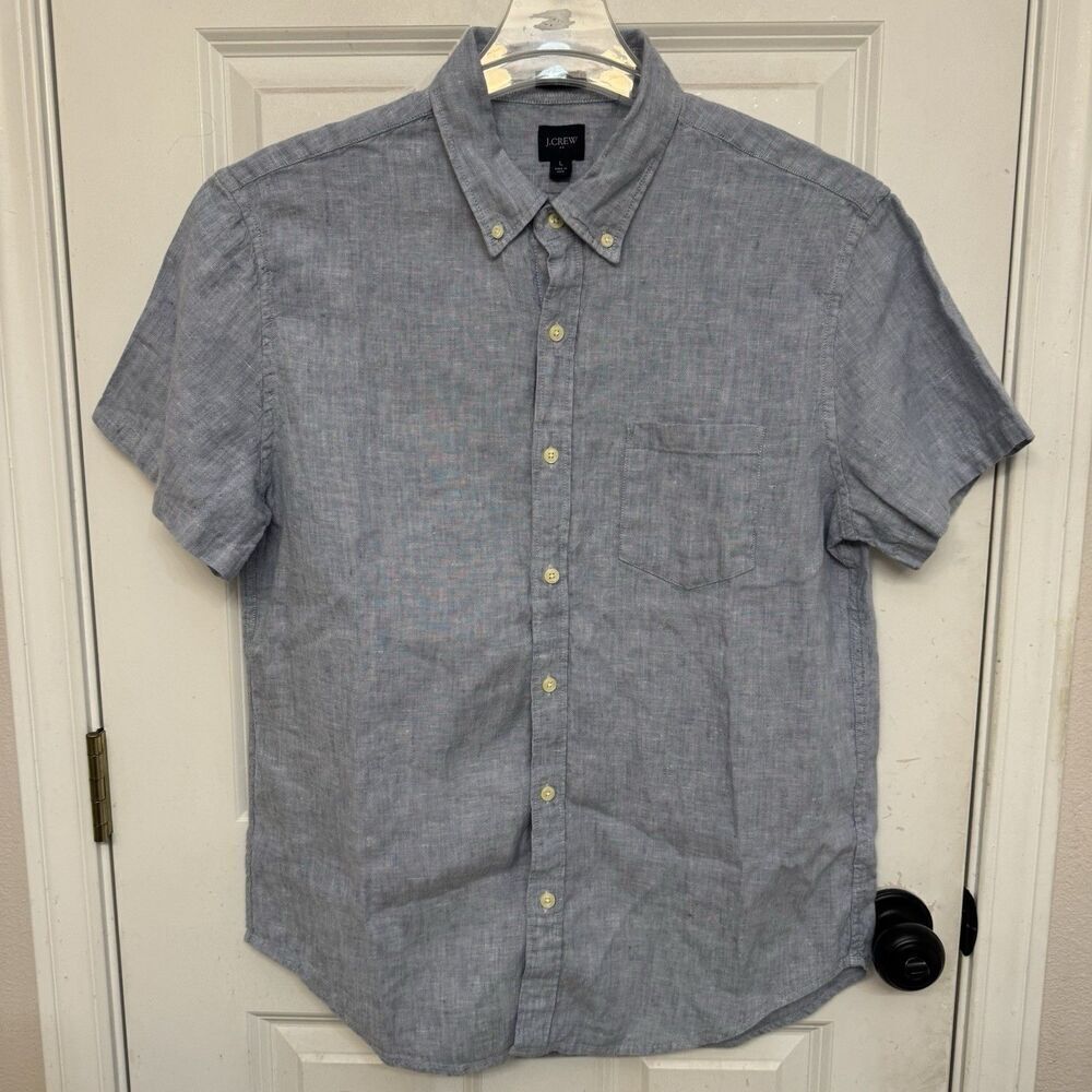 J. Crew Light Wash Linen Cotton Chambray Short Sleeve Button Up Shirt Men Large